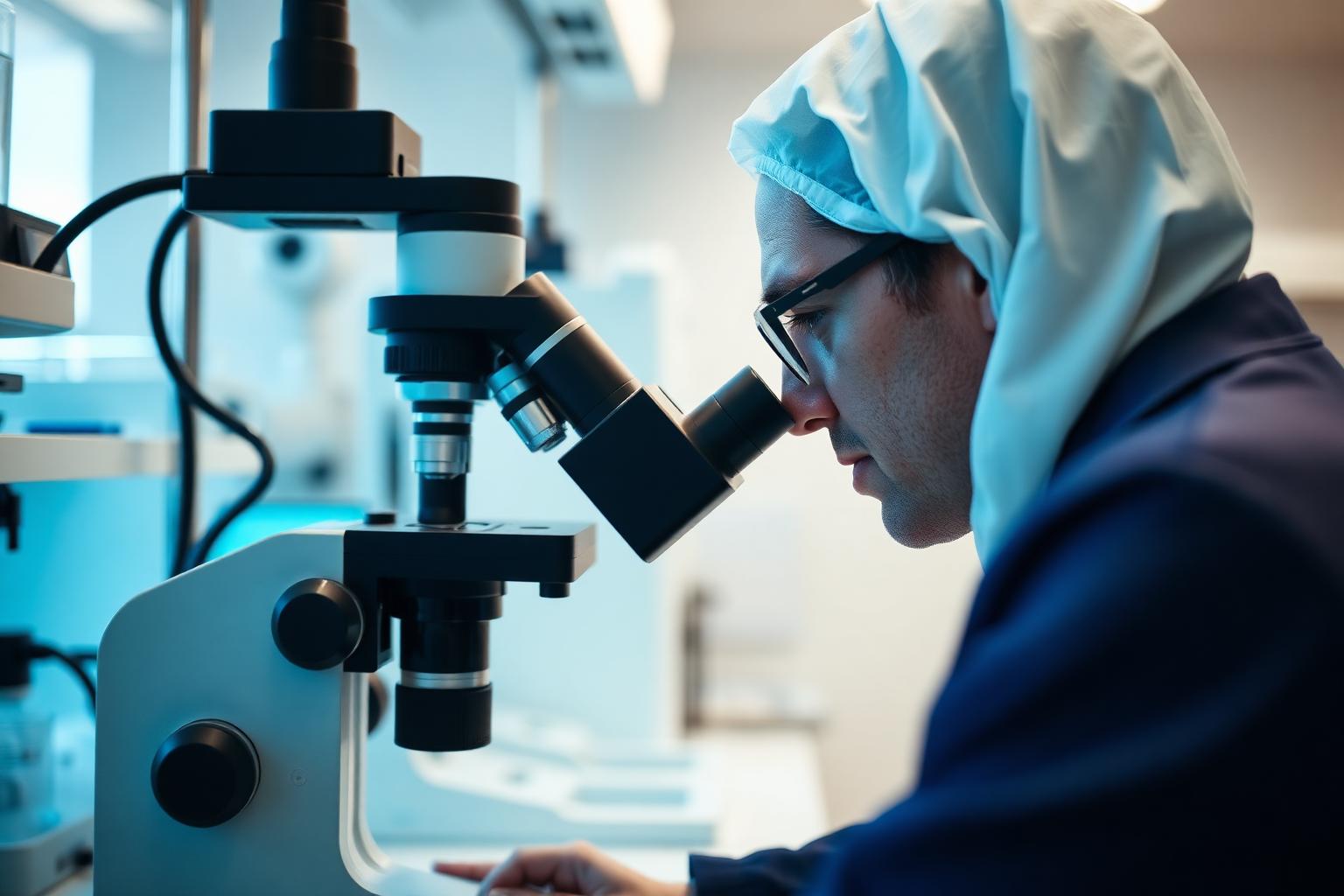 Pesquisadora em laboratório analisando amostras em microscópio