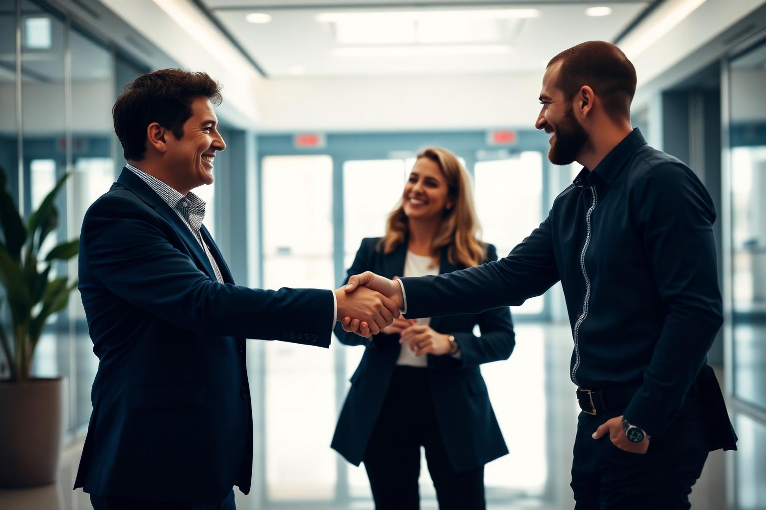 Aperto de mão entre executivo farmacêutico e founder de healthtech
